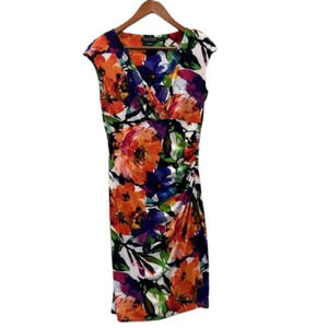 Lauren Ralph Lauren Sz 4 Wrap Ruched Floral Print Midi Sheath Dress Cap Sleeve